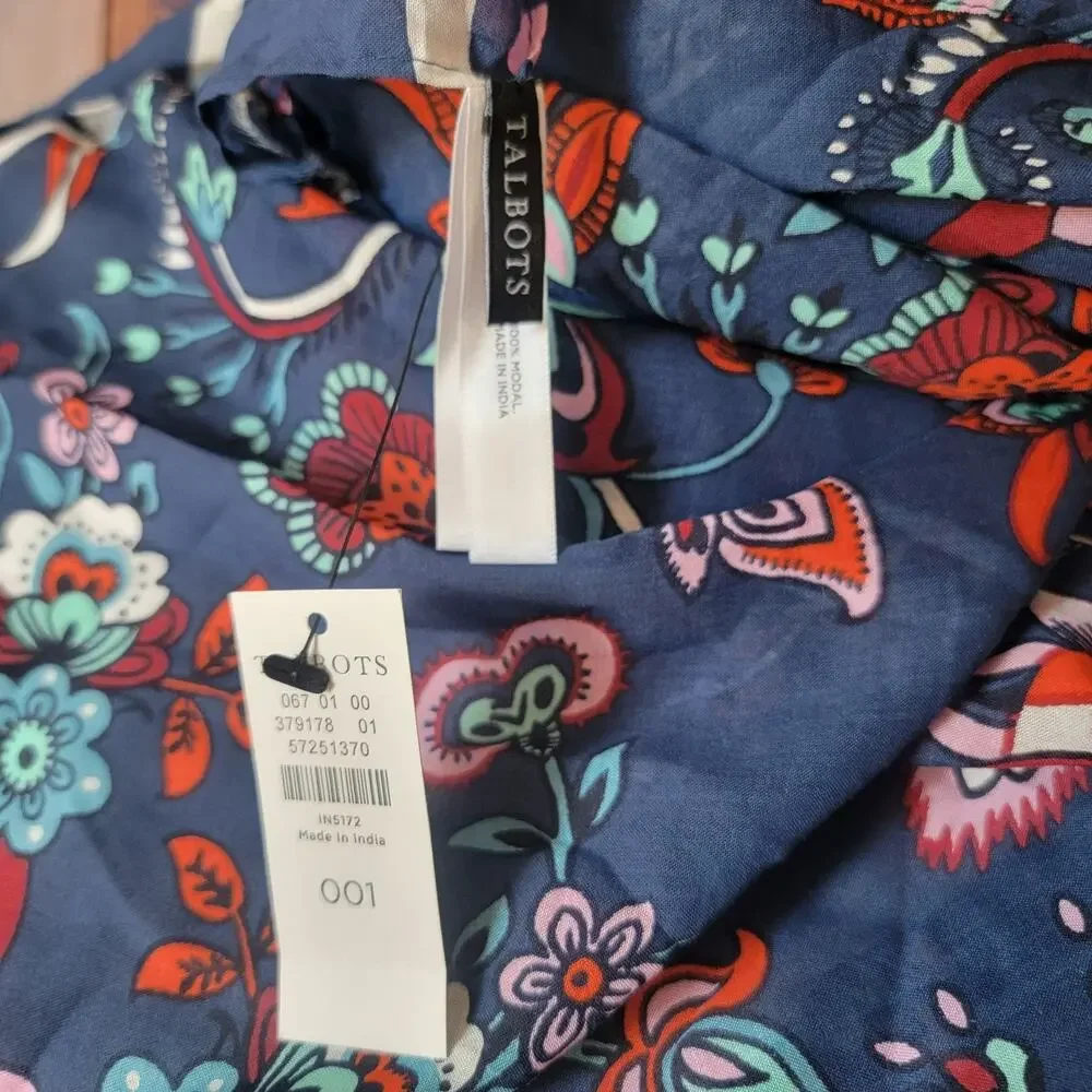 NWT Talbots Blue Floral‎ Scarf 100% Modal Pink Aqua Orange Vibrant Print Fringe